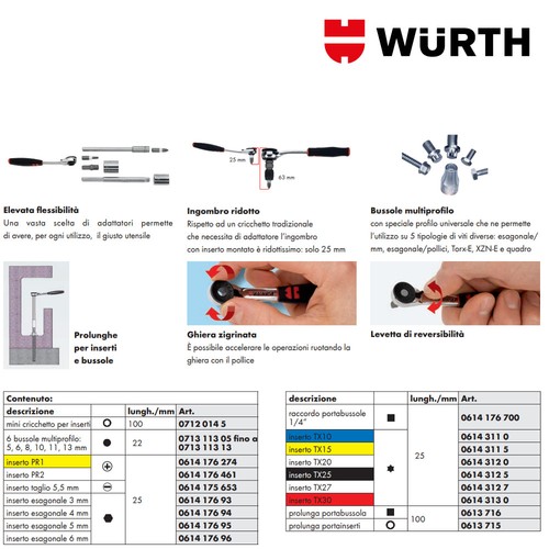 Chiavi a Bussola 1/4 a Cricchetto con Inserti Mini Set 23pz - WÜRTH 096511 23 - Foto 9 di 12