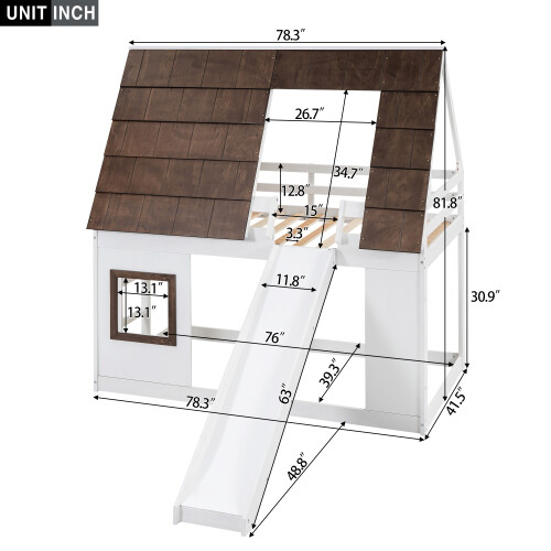 Wood Twin Size House Bunk Bed Frame with Roof/Ladder and Slide White+Brown - Picture 6 of 7