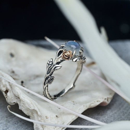 Rainbow Moonstone 925 Sterling Silver Dainty Twig Floral Engagement Ring For Her - Picture 4 of 10