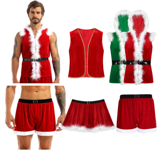 Men Santa Claus Costume Faux Fur Hodded Waistcaot Vest Christmas MIniskirts - Picture 1 of 57