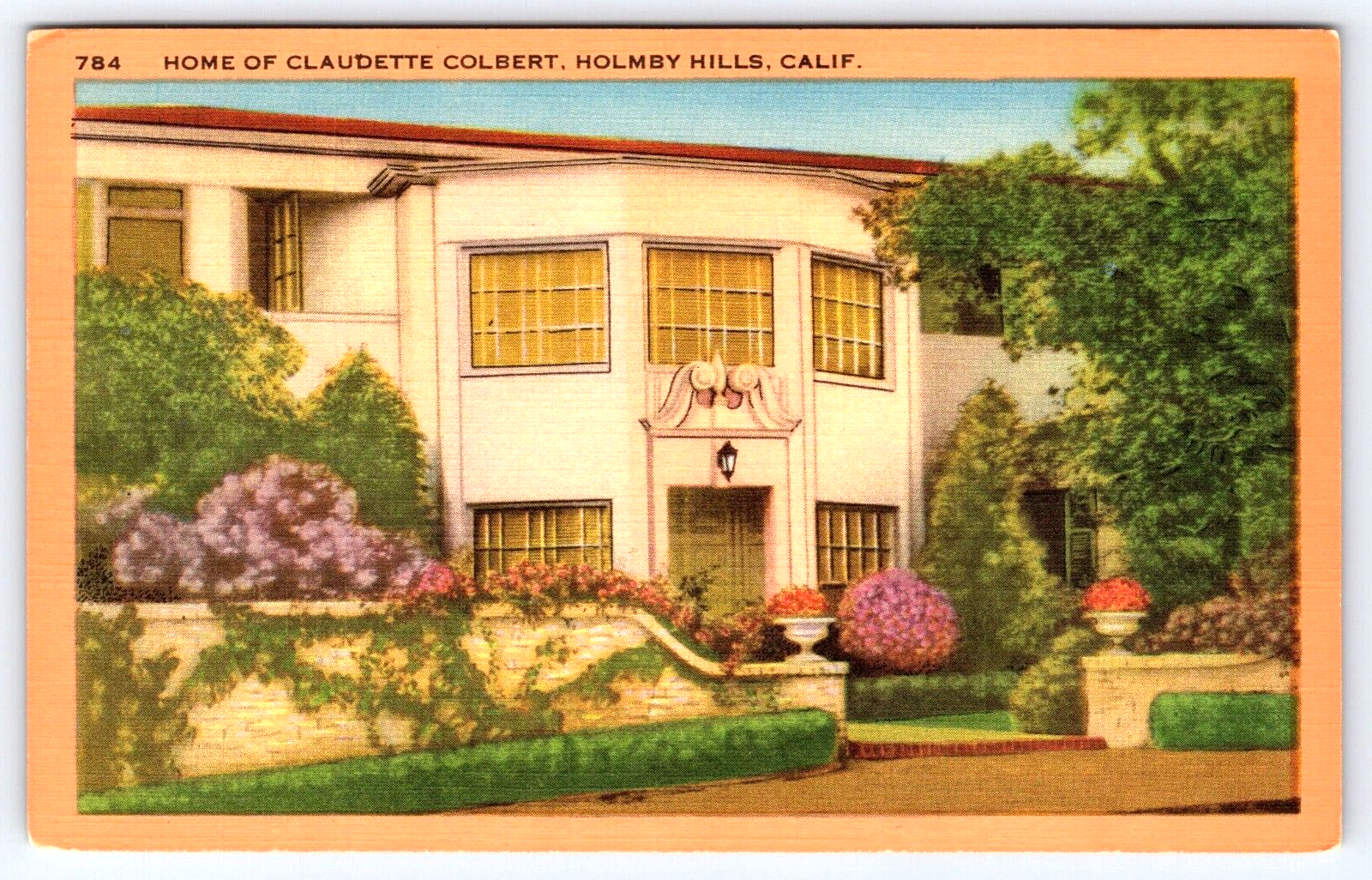 Original Old Vintage Outdoor Postcard Home Of Claudette Colbert Holmby Hills, CA