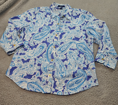 Chaps Damengröße L Hemdbluse blau Paisley bügelfrei 100 % Baumwolle 3/4-Arm gebraucht, in einwandfreiem Zustand