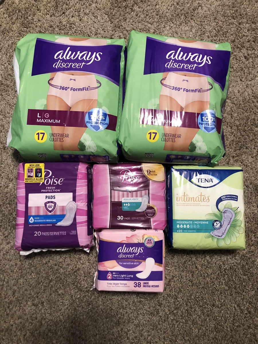 mix lot of Always Discreet Incontinence Underwear size Large, poise tena  pads