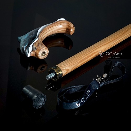 Dolphin Wooden Walking cane stick light Wood Carved Handpainted Cool Sea style - Picture 2 of 13