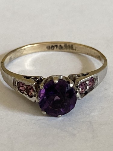 Vintage 9 Carat Gold And Silver Amethyst Set Two Tone Ring Size M - Picture 2 of 6