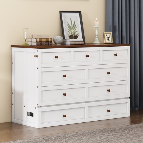 Solid Pine Murphy Bed Chest W/Charging Station & Large Storage Drawer Full 340K - Picture 4 of 14