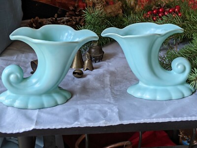  Set Red Wing USA POTTERY CORNUCOPIA PLANTER/VASES Stamped #41 Seafoam Blue