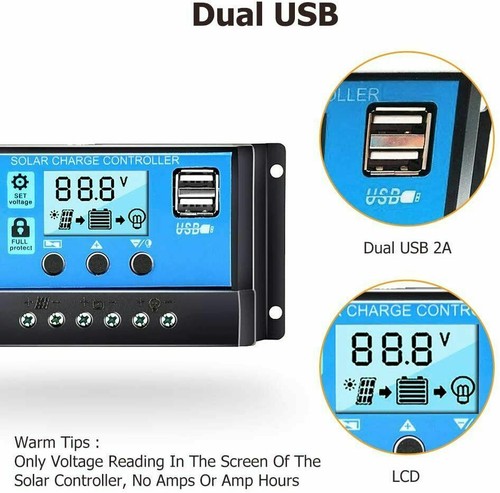 Solar Laderegler PWM Charge Panel Controller Regulator 12/24V Dual USB 30/20/10A - Bild 4 von 6