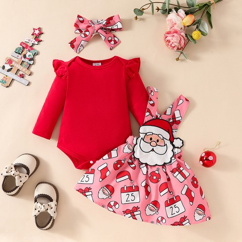 3Pcs Kids Baby Girls My 1st Christmas Outfits Romper Tops Skirts Headband Set - Picture 15 of 16