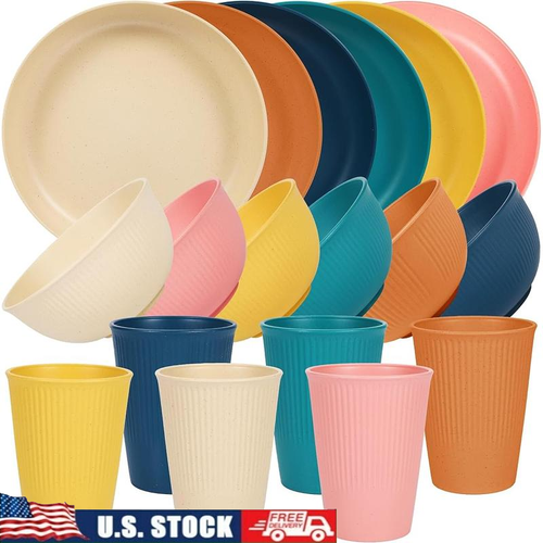 18 Pcs Unbreakable Wheat Straw Dinnerware Set Microwave Safe Camping Travel New