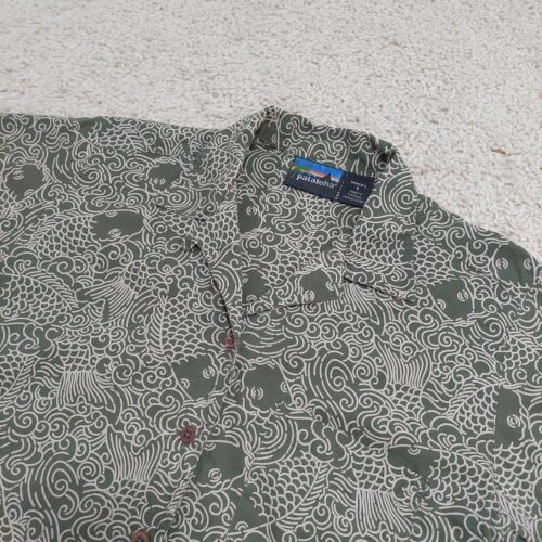 Pataloha Patagonia Green Koi Fish AOP VTG Hawaiian Camp Collar Shirt Women Small - Picture 3 of 7