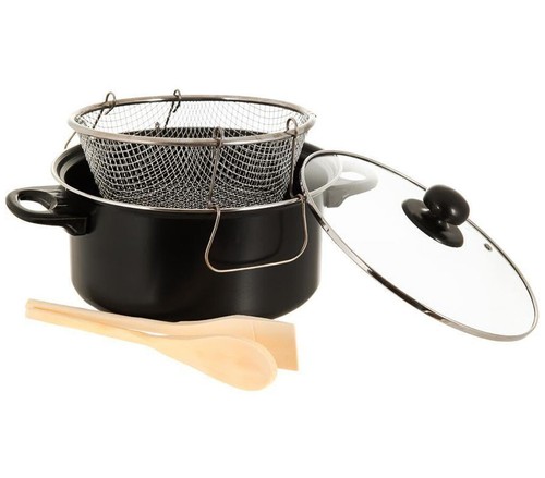 BLACK NON STICK CHIP PAN SET FRYER DEEP FAT FRYING BASKET POT W GLASS LID 2 LTR - Picture 2 of 4