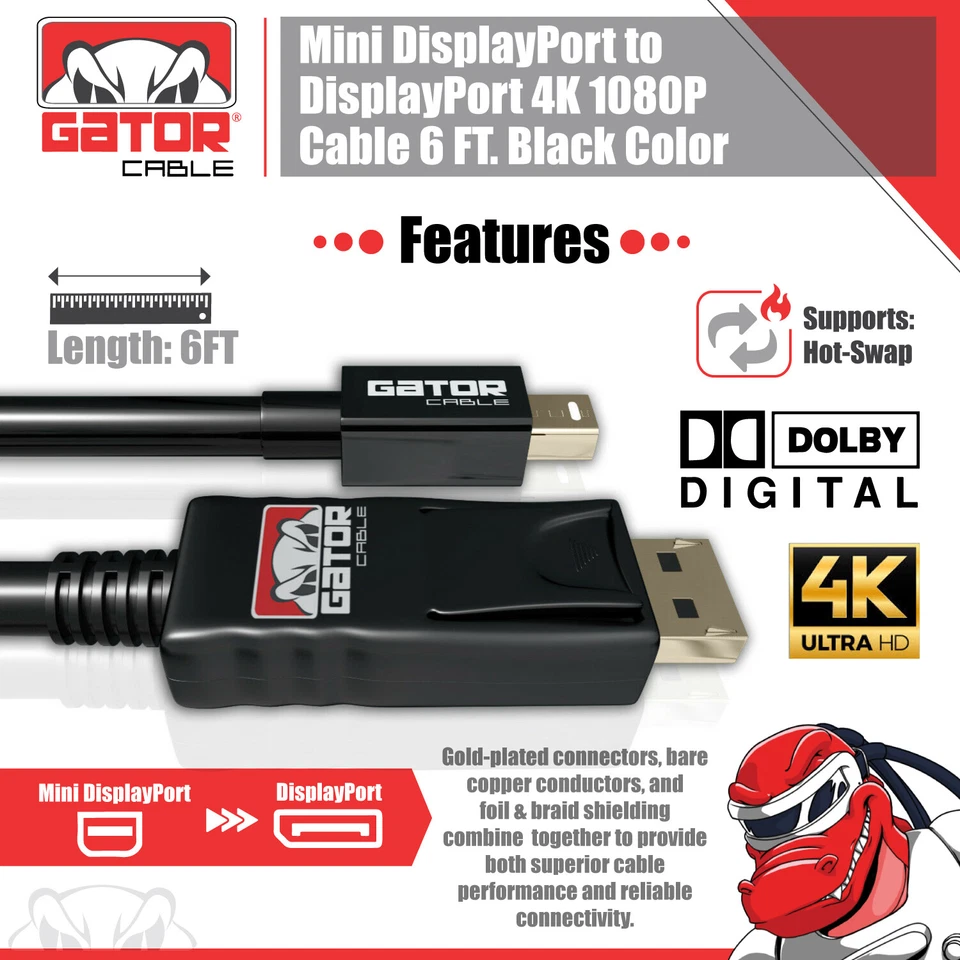 Mini DisplayPort to DisplayPort Cable Mini DP to DP Adapter HD Video 4K 60Hz 6FT - Image 4 of 4