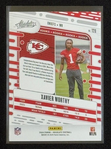 Xavier Worthy (RC) 2024 Panini Absolute Football - Rookie card #128 KC CHIEFS - Picture 4 of 4