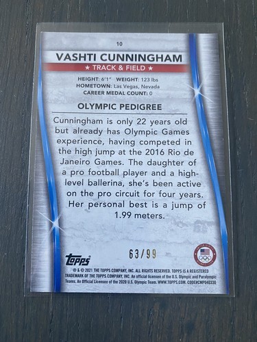 Vashti Cunningham 2020 2021 Topps US Olympics Flag Parallel 63/99 #10 Track - Picture 2 of 2