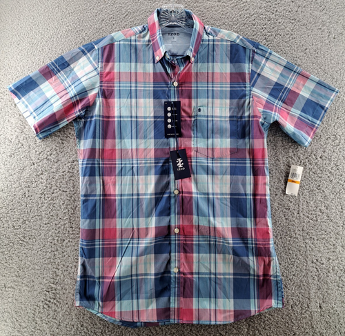 IZOD geknöpftes Hemd Herren klein blau pink Kurzarm Brise Stretch feuchtigkeitsableitend neu mit Etikett