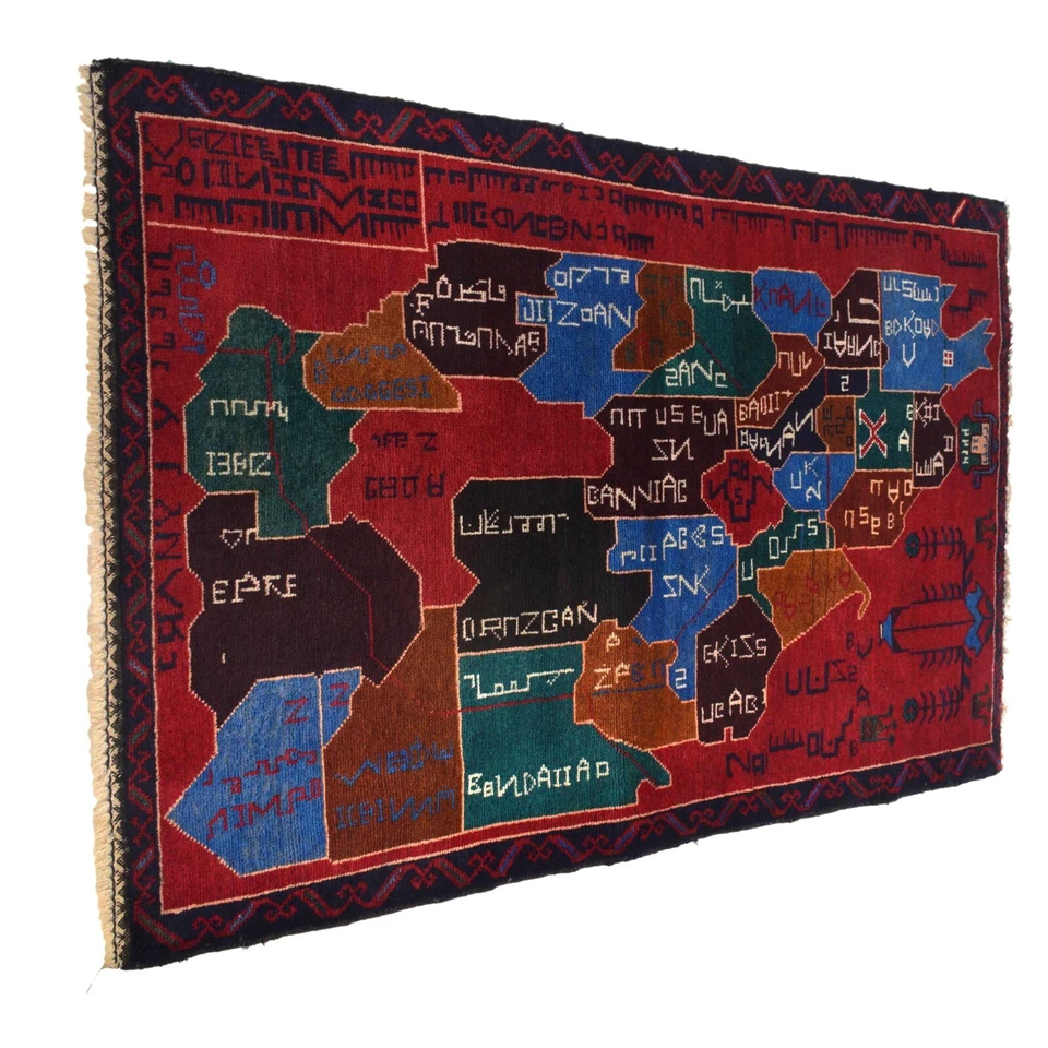 Red Map Pictorial Design Afghan Handmade Oriental Wool Decor Rug 2'10x4'5 G15292 - Image 2 of 4
