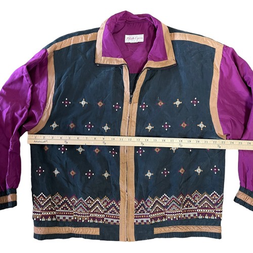 Giacca a vento vintage Rhonda Lynne seta ricamata azteca boho zip XL viola - Foto 6 di 6