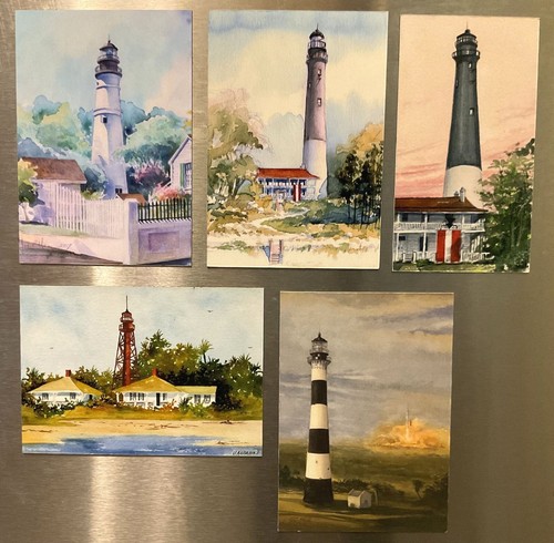 Imán para nevera al atardecer Pensacola Lighthouse Florida. Retrato de acuarela - Imagen 2 de 2
