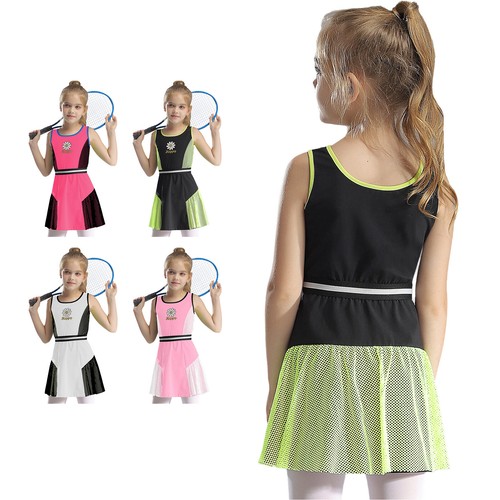 Kids Girls Dress Contrast Color Costume Fishnet Patchwork Skirt Golf Outdoor - Picture 1 of 39