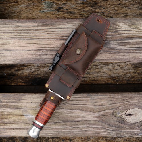 Tourbon Leather Scout Knife Sheath Horizontal Belt Knives Holster w/Tools Pouch - Picture 20 of 24