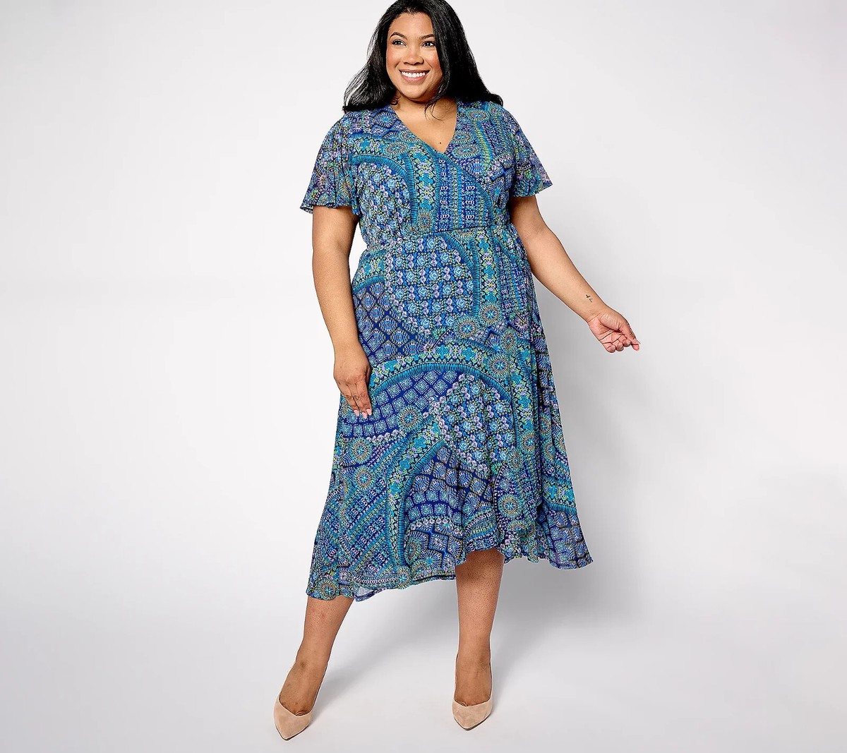 Susan Graver Prntd Mesh Fltter Slv Faux Wrap Dress-Aqua/Lilac-Petite  2X-A634093
