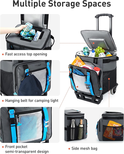 30L/50-Can Cooler with Wheels - 16Hrs Ice Retention Rolling Cooler with Retracta - Picture 6 of 12