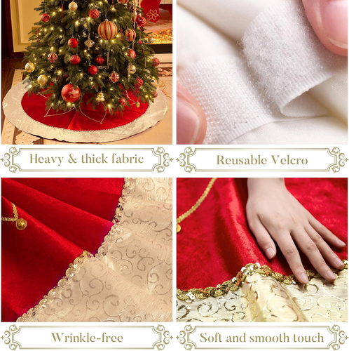 Christmas Tree Skirt for Tree Decorations, 48 Inch Fabric Luxury Red Gold Large - Picture 4 of 12
