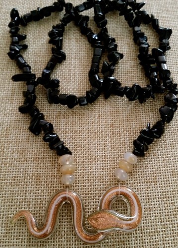 Rare Black Onyx Gold Crystal Snake Golden Healer Quartz Beaded Necklace Artisan - Picture 2 of 10