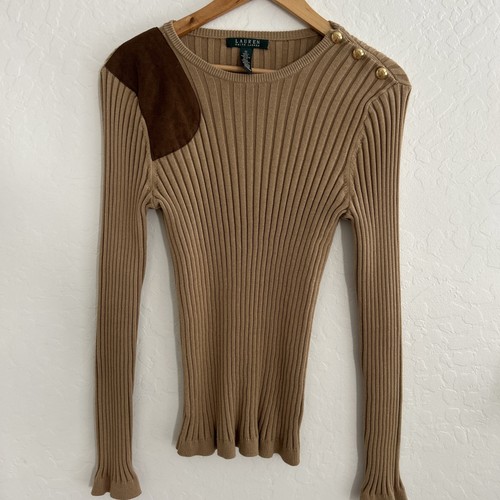 Ralph Lauren M Damen gerippter Reitpullover Wildlederimitat Patch braun goldene Knöpfe