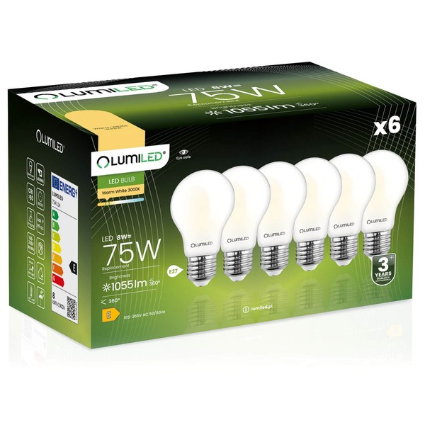 6X Led-Lampe E27 A60 8W = 75W 1055Lm 3000K Warmweiß 360° GlüHfadenbeleuchtung-image