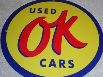 VINTAGE NOS CHEVROLET OK USED CARS 11 3/4'' PORCELAIN METAL CAR GASOLINE OIL SIGN