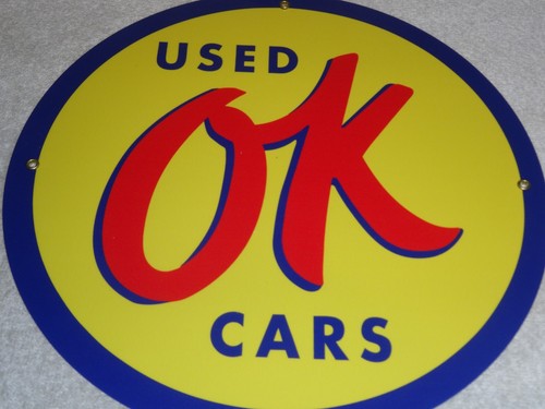 VINTAGE NOS CHEVROLET OK USED CARS 11 3/4" PORCELAIN METAL CAR GASOLINE OIL SIGN