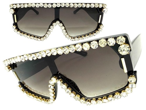 Oversize Exaggerated Retro Shield Bling SUNGLASSES Large Black Frame Rhinestones - Picture 2 of 6