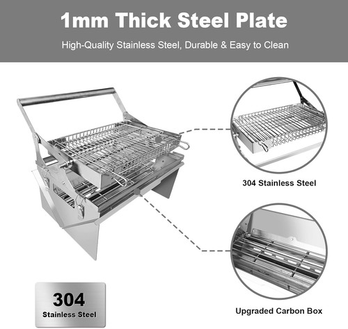 Tragbarer 360° drehbarer Holzkohlegrill mit Klappkorb - 304 Silber - Bild 6 von 7