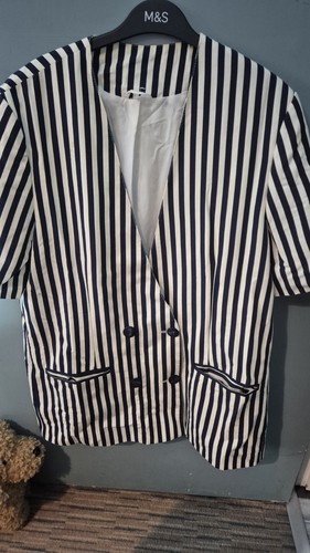 Vintage 90s Blue White Stripe Double Breasted Short Sleeve Suit Jacket (625/193)