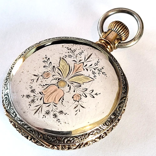 H38 BEAUTIFUL! 1896 WALTHAM MULTICOLOR COIN SILVER 900 ANTIQUE POCKET WATCH!