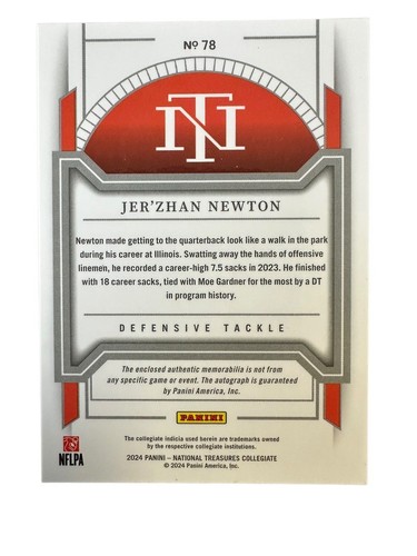 JER'ZHAN NEWTON 2024 National Treasures Collegiate ROOKIE PATCH AUTO /39 RC RPA - Picture 2 of 3