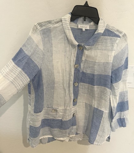 Top camicia donna Habitat con bottoni blu bianco manica 3/4/LS taglia S lino - Foto 3 di 8