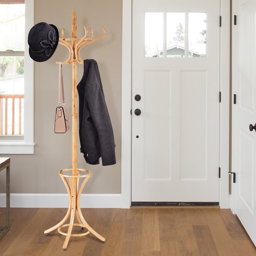 Wood Standing Hat Coat Rack Jacket Bag Hanger Tree 12 Hooks Umbrella Stand - Picture 3 of 10