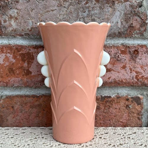VTG Anchor Hocking Art Deco Style Vase Fire King Pink Peach Vitrock Milk Glass - Picture 4 of 10
