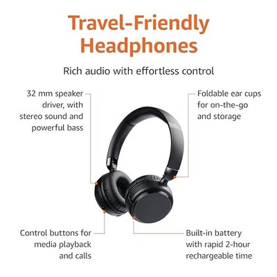 BASICS BLUETOOTH ON-EAR HEADPHONES WIRELESS WITH MICROPHONE, DEEP BASS, AMAZON