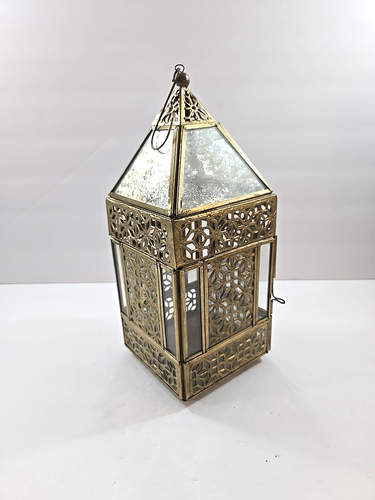 Ornate Gold Tone Filigree Metal Frosted Glass Candle Lantern 10" Tall Decor - Picture 3 of 10