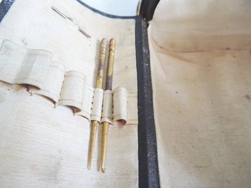 Antique Sewing Bag Etui Brown Leather Brass Studded Tools Needlework Victorian - Picture 24 of 24