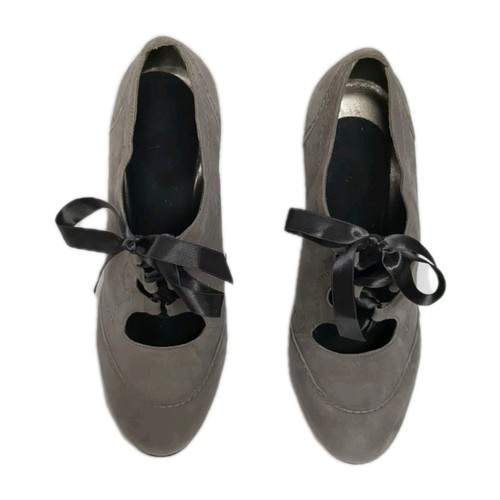 Talbots Suede Heels Leather Sole Ribbon Laces US Women 8 B Gray Lace Up Ankle - Picture 4 of 12