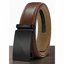 Mens Genuine Leather Ratchet Belts Adjustable Automatic Buckle Size 28-46 Brown