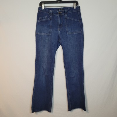 D. Jeans Frayed Flare Womens 8 Big Front Pockets Blue Dark Wash Stretch 30x29