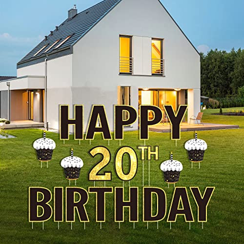 20Pcs 15" Large Happy 20th Birthday Party Yard Signs with 40 Stakes,Black Gold - Picture 6 of 7