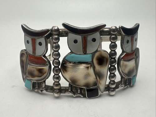 Native American Sterling Silver Inlay Owl Bracelet Vintage