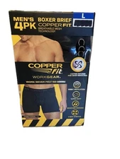 NEW MENS COPPER FIT WORKGEAR COPPER INFUSED 4 PK BLACK BOXER BRIEFS SIZE L36-38